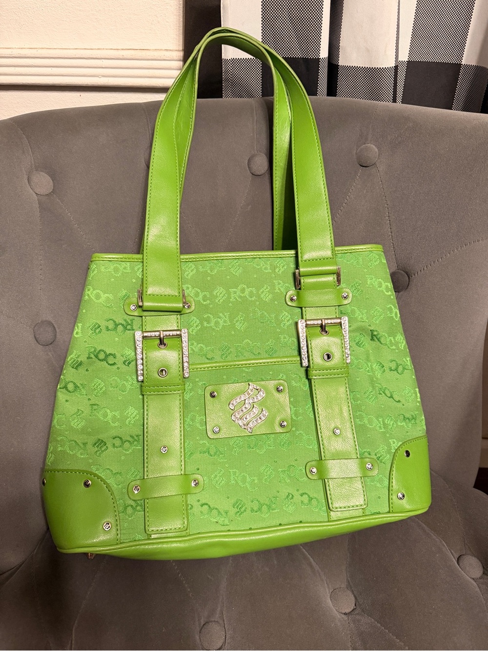 VINTAGE Y2K Rocawear Lime Green Monogram Shoulder Bag Rhinestone